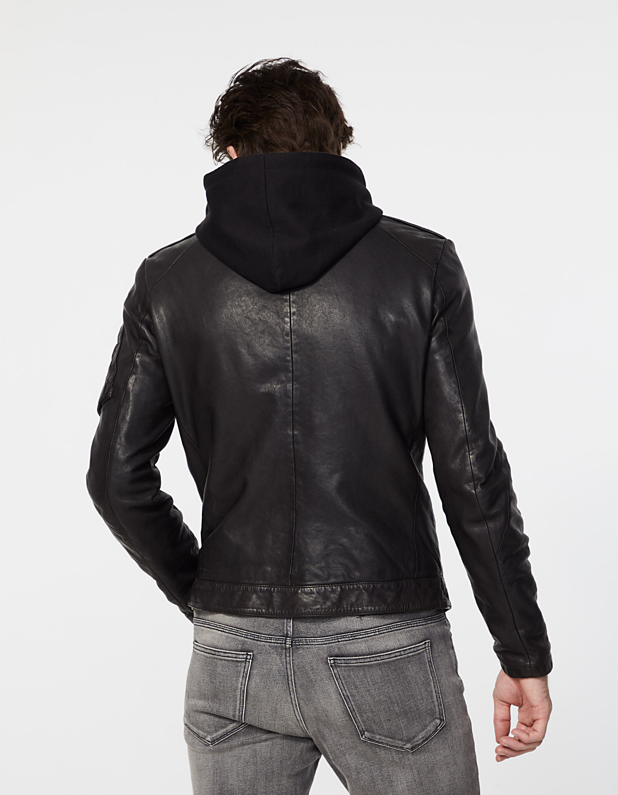 Men s black leather sweatshirt fabric hooded jacket