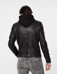 Men’s black leather sweatshirt fabric hooded jacket-4