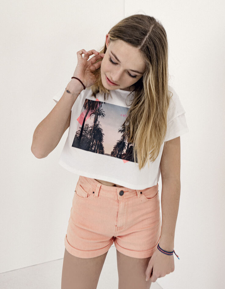 Short mom en jean corail fille -5 Short mom en jean corail fille -5