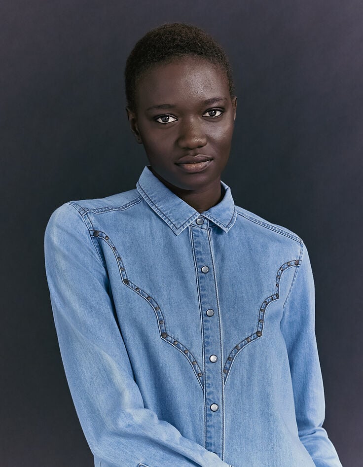 Blauw overhemd in katoen studdetails dames-2