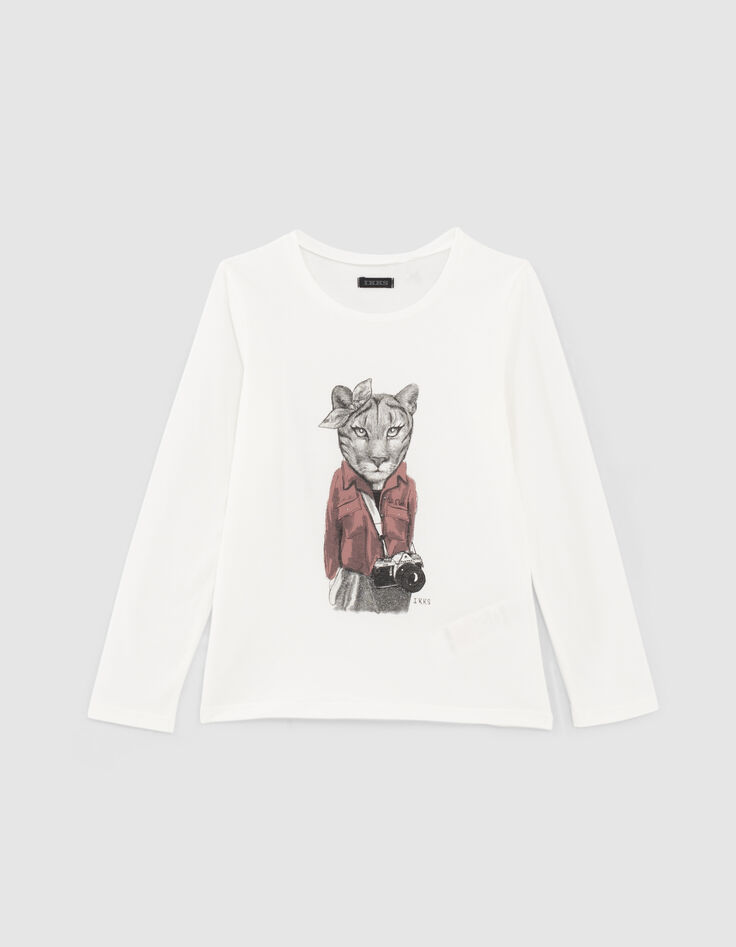 Cremewei&szlig;es M&auml;dchenshirt mit L&ouml;win und Schleife-2