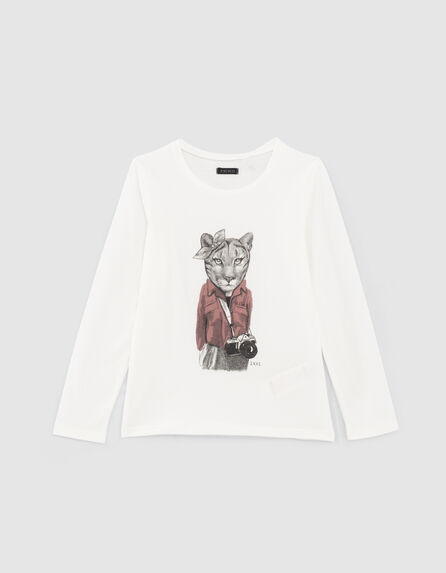 Girls' off-white lioness with bow T-shirt
