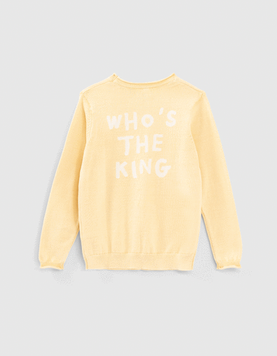 Boys’ yellow knit sweater with jacquard slogan on back - IKKS