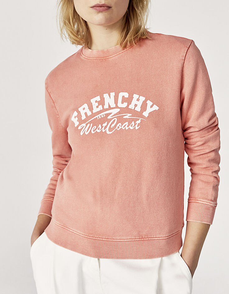 Pfirsichrotes Damensweatshirt aus Baumwolle mit Schriftzug-1