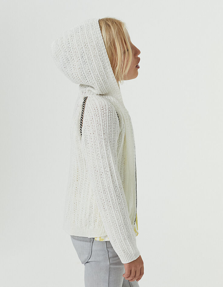 Girls&rsquo; ecru decorative knit hooded cardigan-1