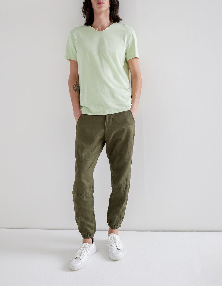 Men’s khaki linen and cotton CROPPED combat trousers-1