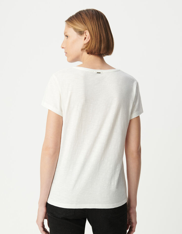 Tee-shirt col V blanc coton bio message Femme-3