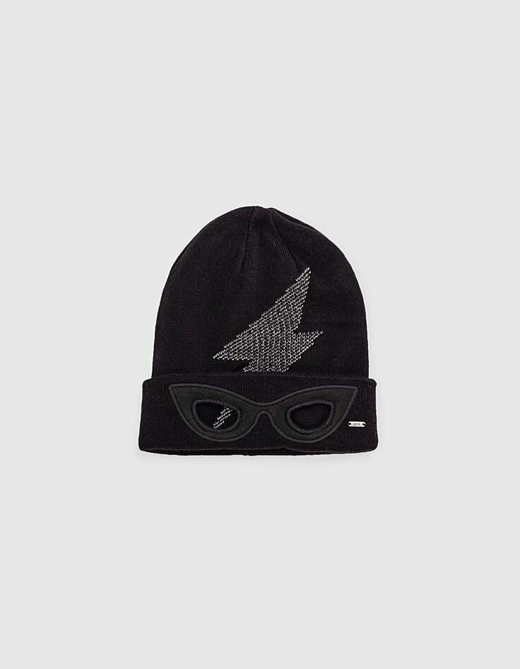Bonnet noir tricot à revers étoiles-lunettes fille-2