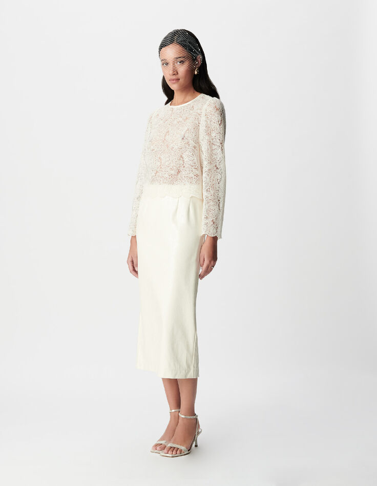 Mujer blusa corta de puntilla blanca-6