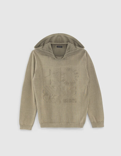 Boys’ khaki knit sweater with embossed shapes and hood - IKKS