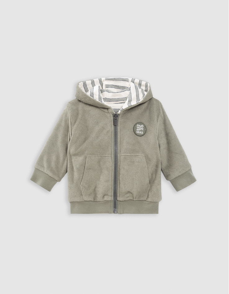 Cardigan réversible kaki éponge et rayures bébé garçon-1