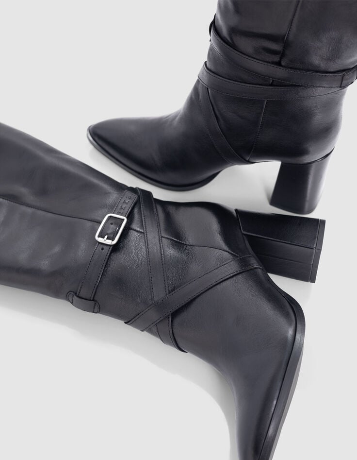 Bottes noires cuir à talon brides croisées Femme-4