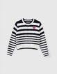 Pull écru tricot torsadé et rayures marine fille-1