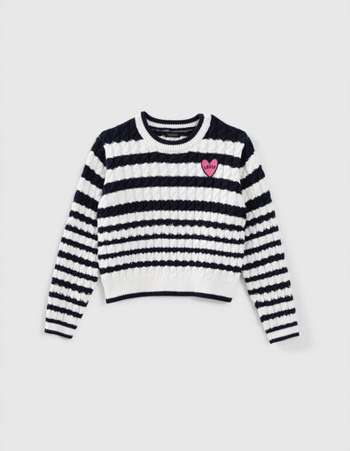 Pull écru tricot torsadé et rayures marine fille - IKKS