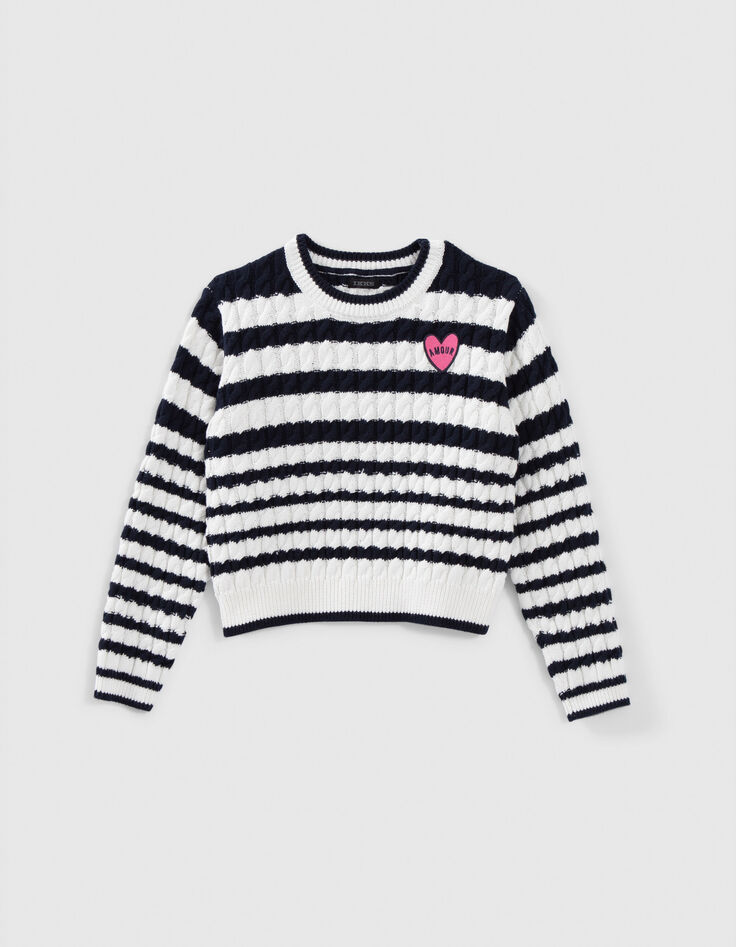 Pull écru tricot torsadé et rayures marine fille-1