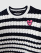 Pull écru tricot torsadé et rayures marine fille-2