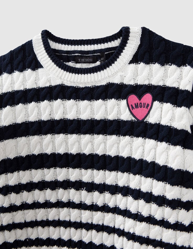 Pull écru tricot torsadé et rayures marine fille-2
