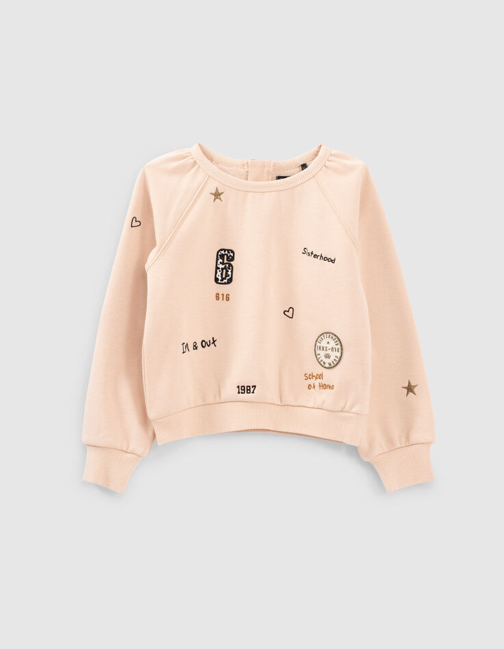 Sudadera rosa empolvado con bordados y parches niña-1 Sudadera rosa empolvado con bordados y parches niña-1