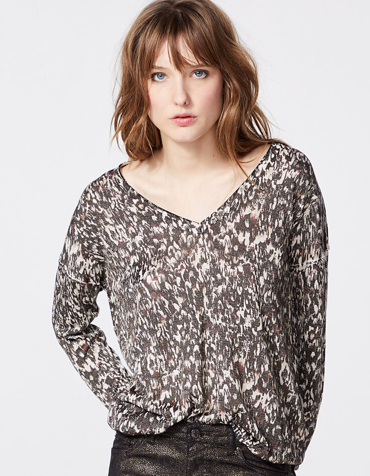 Jersey pico viscosa estampado plumas metalizado mujer-2