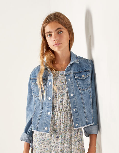 Girls’ blue organic cotton denim jacket with fringed hem