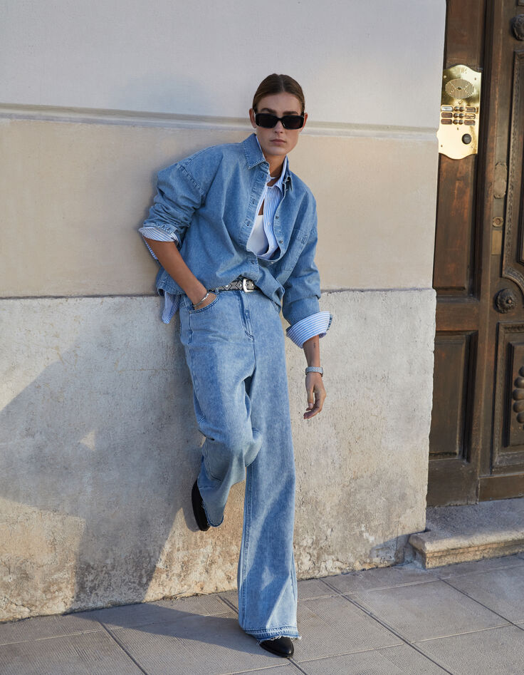Chemise manche longue en jean bleu coton bio loose Femme-1
