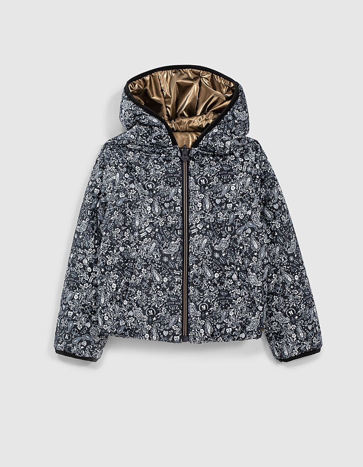 Girls&rsquo; navy tattoo print and gold reversible padded jacket-1