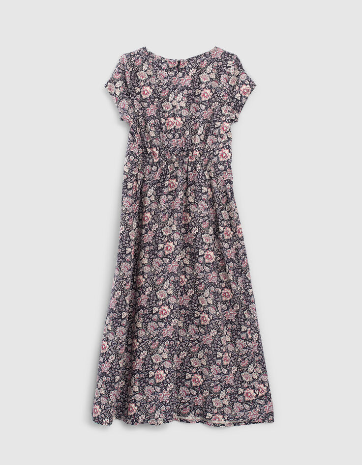 Langes marineblaues Mädchenkleid mit Blumen-Print-3