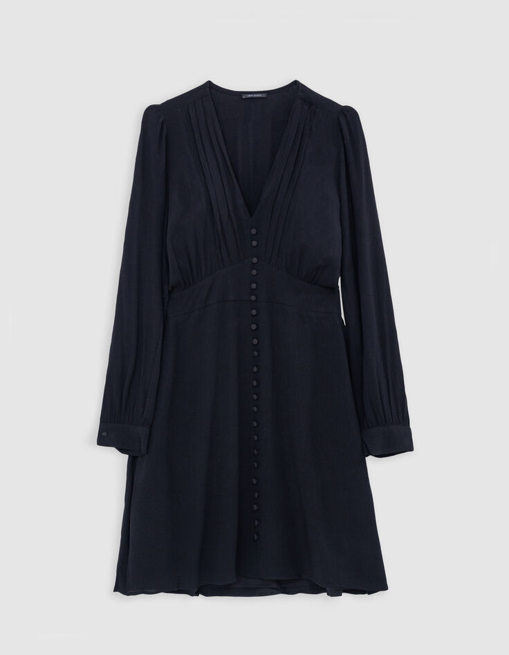Schwarzes Kleid für Damen mit Falten und Knöpfen-7
