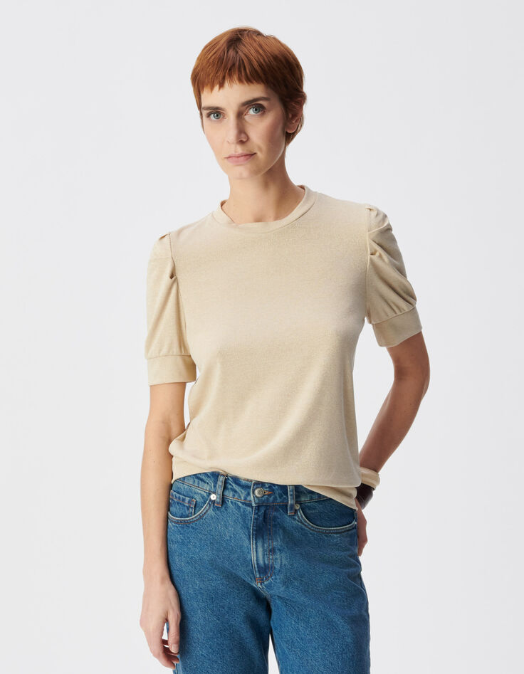 Mujer Cuello redondo con lentejuelas doradas y mangas fruncidas-2