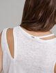 Weiße asymmetrische T-Shirt aus schillerndem Leinenstrick-4