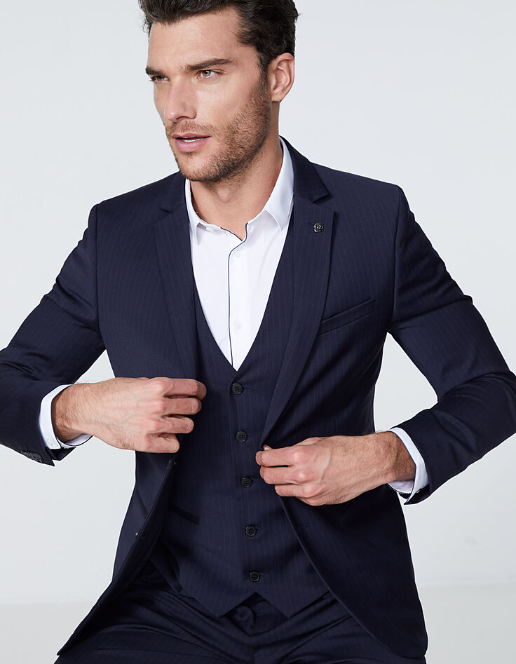 Men’s navy fine-stripe suit waistcoat-3