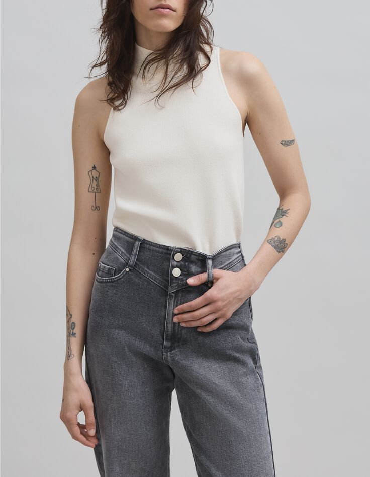 Pull blanc cass&eacute; tricot sans manches col montant Femme-2