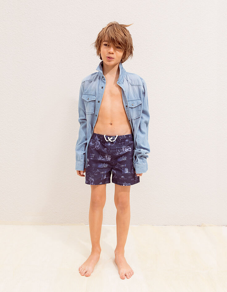 Boys' navy recycled toile de Jouy swim shorts-3