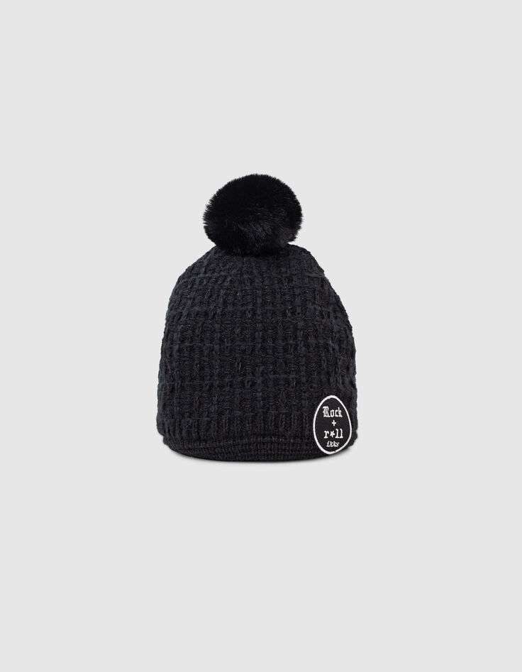 Bonnet noir tricot fantaisie fourré fille-3