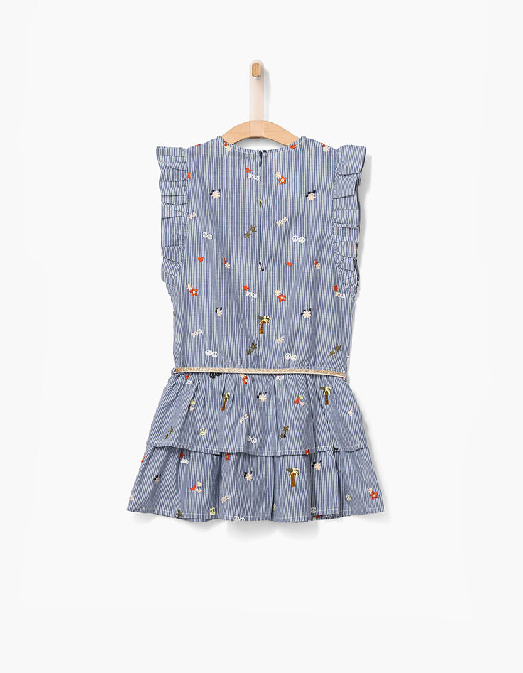 Robe bleu foncé à rayures et broderies fille-5