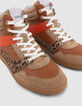 Women’s beige, orange and leopard  leather mix trainers-4