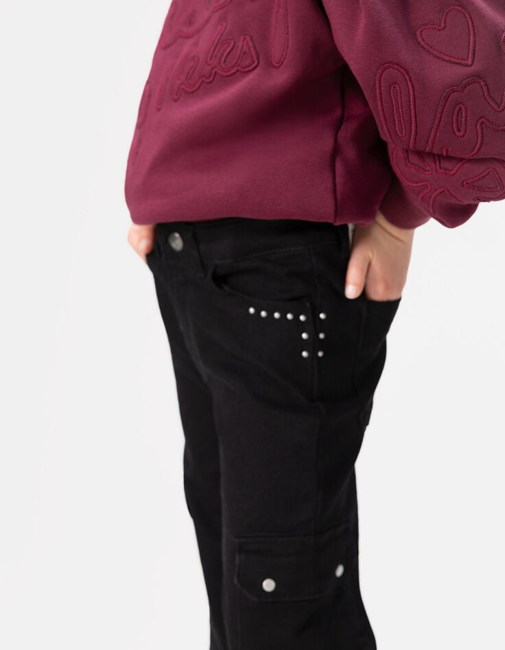 Girl's black studded straight cargo jeans-2 Girl's black studded straight cargo jeans-2