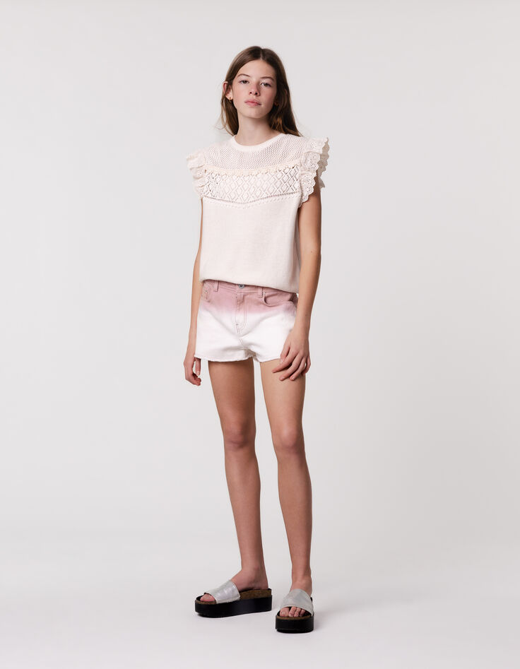 Short en jean rose frangé effet deep dye fille-1