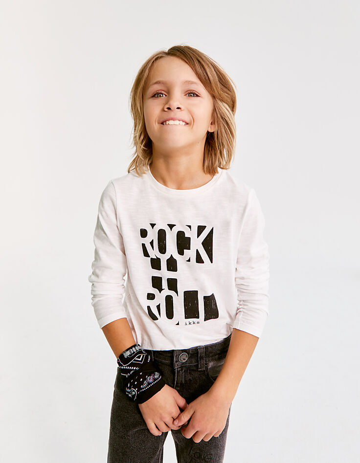 Boys’ off-white T-shirt with black letter slogan-1