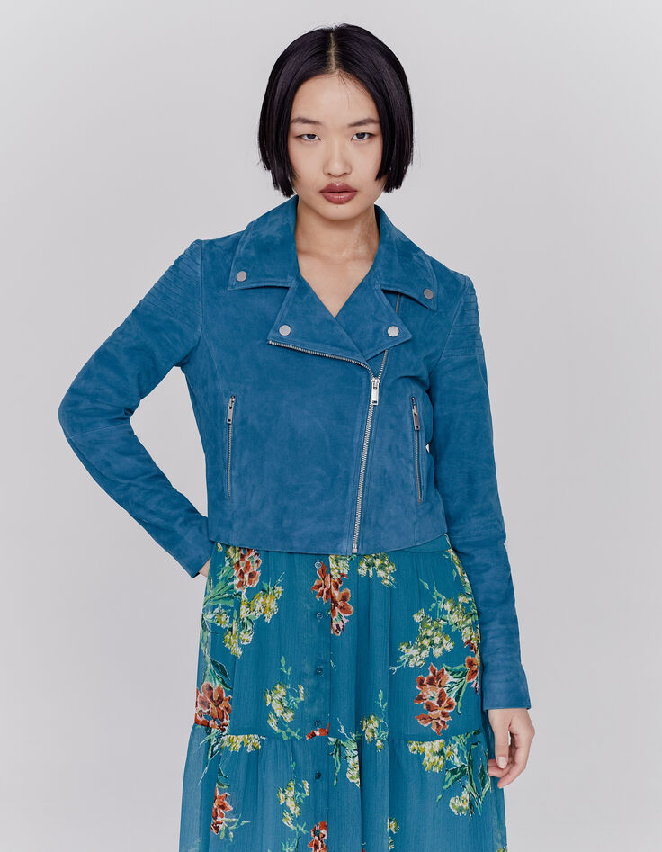 Women’s emerald blue goatskin suede short jacket-5 Women’s emerald blue goatskin suede short jacket-5