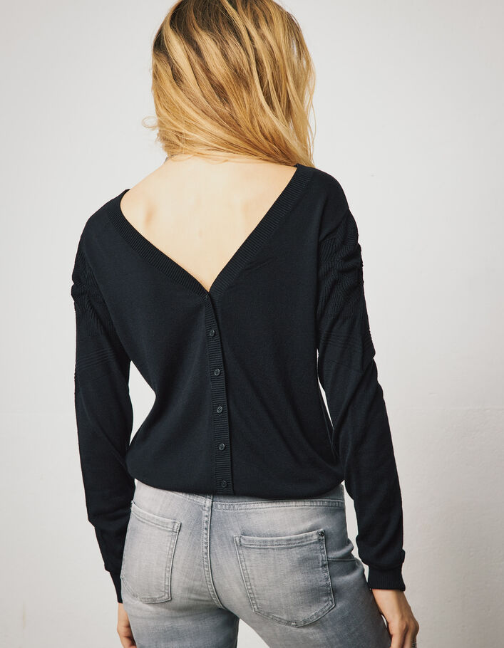 Cardigan court coloris noir devant dos chevrons femme