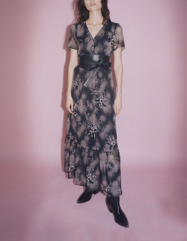 Women’s black long dress with ecru dandy flower print-6