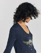 Marineblaues Damen-T-Shirt mit Totenkopf und Perlen-1