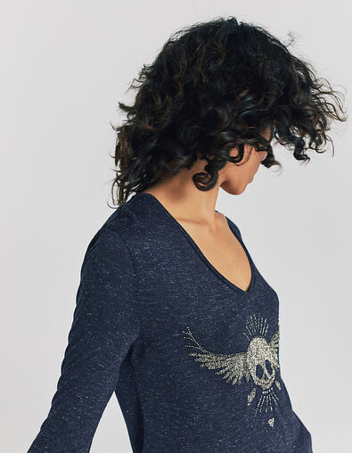 Marineblaues Damen-T-Shirt mit Totenkopf und Perlen - IKKS