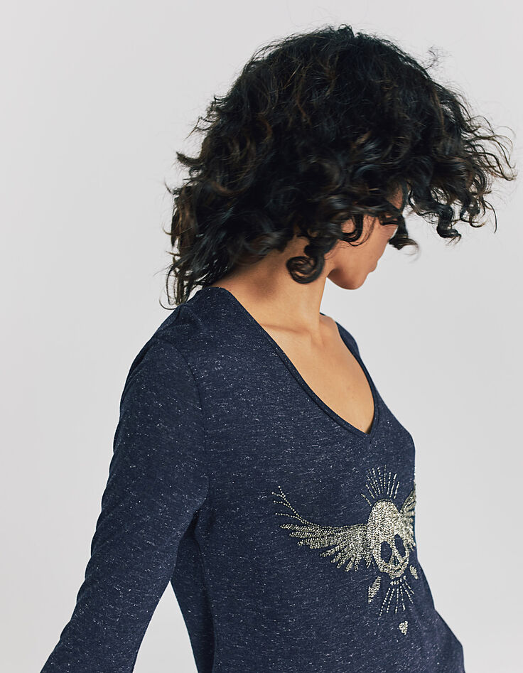 Marineblaues Damen-T-Shirt mit Totenkopf und Perlen-1 Marineblaues Damen-T-Shirt mit Totenkopf und Perlen-1