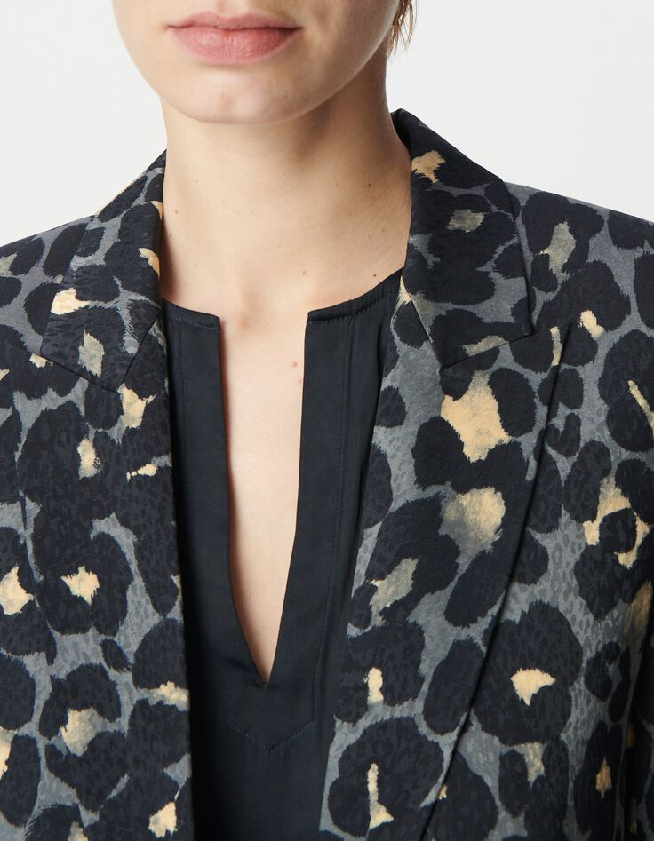 Americana azul marino con estampado animal para mujer-5