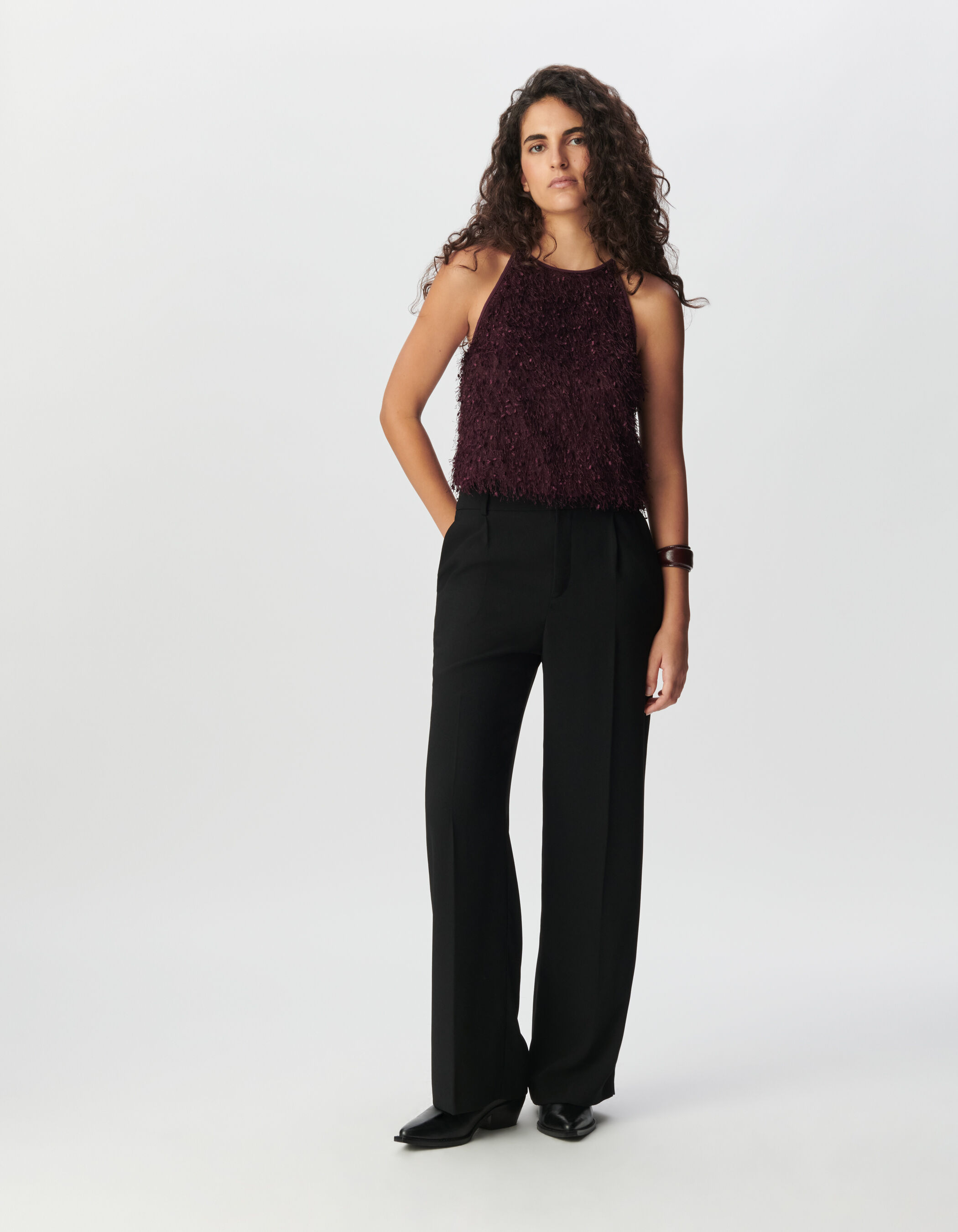 Women's burgundy feather-effect sleeveless cropped top IKKS