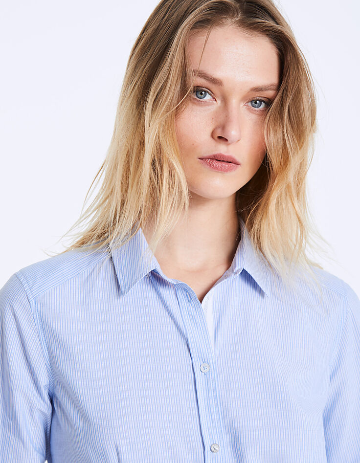 Camisa de algodón de rayas finas azules mujer-4