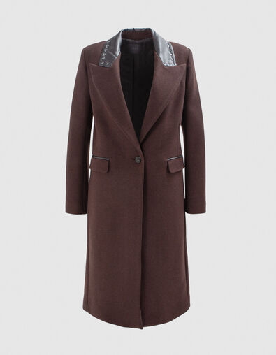 Lange chocoladebruine jas met rock-kraag studs Dames - IKKS