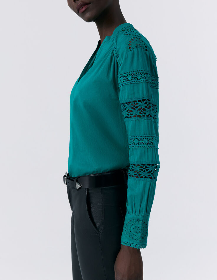 Blouse verte coton bio dentelle aux manches Femme-3